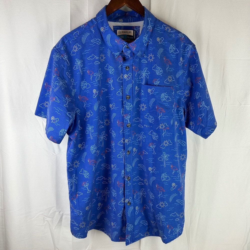 Magellan Outdoors Fish Gear Mens Large‎ Blue Tropical Flamingo Button Up Shirt